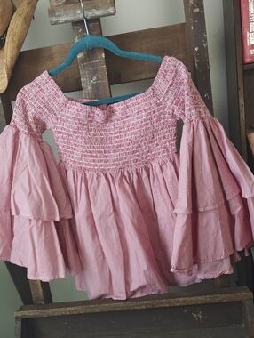 Smocked Off-Shoulder Red Tiered Bell Sleeve Top